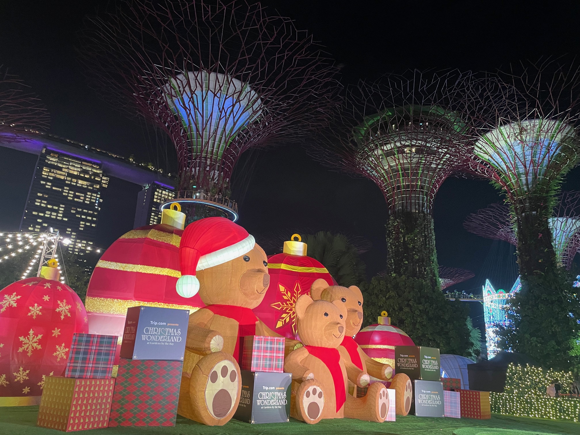 Christmas bears by the Supertree at Gardens by the Bay and Marina Bay Sands